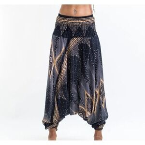 Harem Pants Drop Crotch Diamond Peacock 2 in 1 Jumpsuit Black Gold ONE SIZE